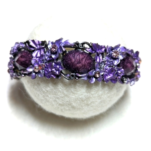 Jewelry - Vintage Purple Enamel Floral Bracelet w/ Pink Rhinestone Accents Wrap Bracelet